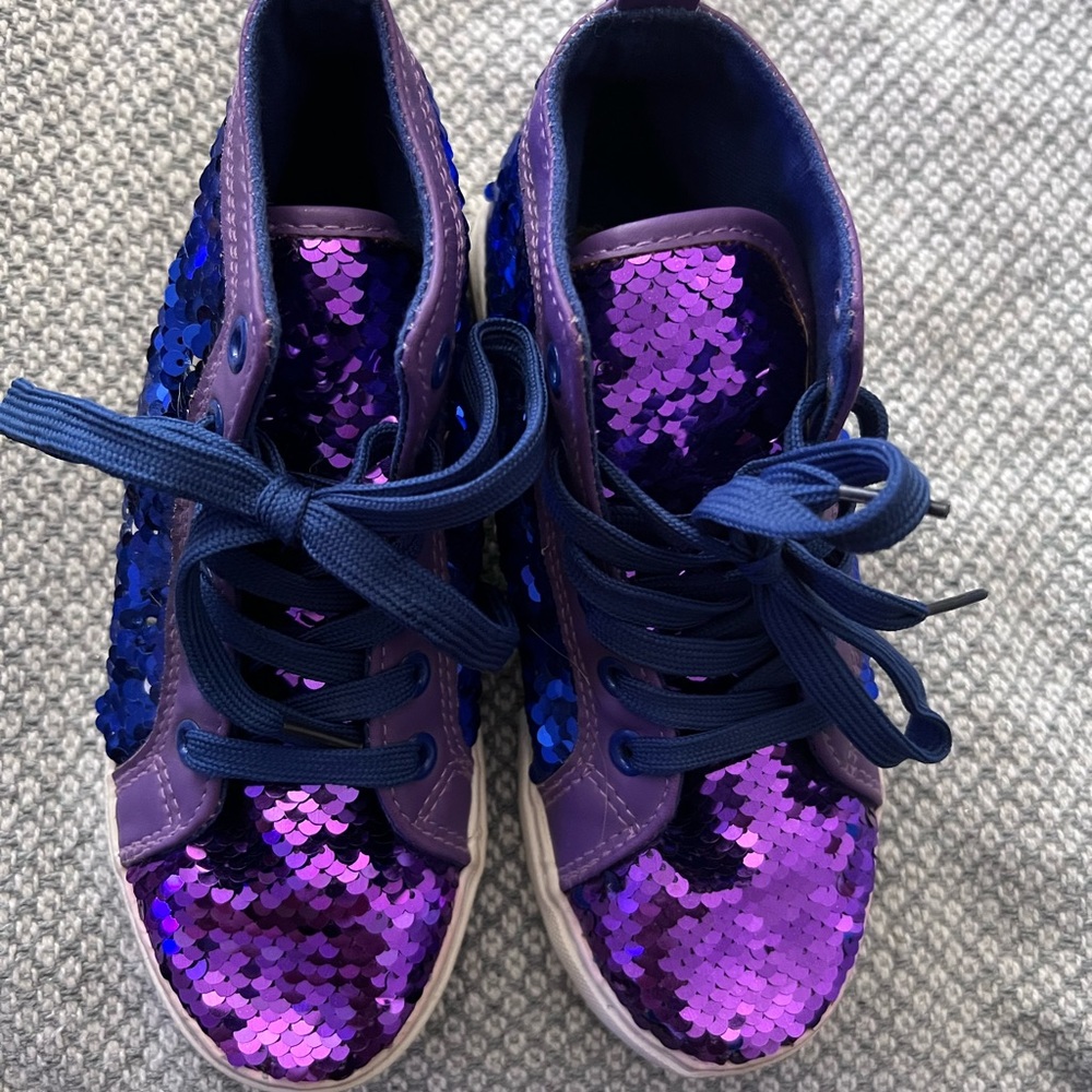 Disney, Mal sequins shoe, girl’s size 3, color purple, blue, and silver.